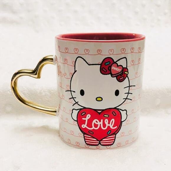 Hello Kitty Valentine Squiggle Hearts & Balloons 14oz Gold Handled Ceramic Mug - Picture 3 of 6
